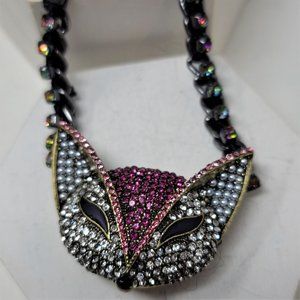 Betsey Johnson Rhinestone Fox Necklace  Pink Silver bronze